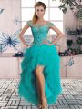 Fabulous Turquoise Lace Up Prom Dress Beading and Ruffles Sleeveless High Low