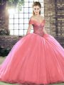 Ball Gowns Sleeveless Watermelon Red Sweet 16 Dress Brush Train Lace Up