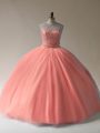 Attractive Scoop Sleeveless Lace Up Ball Gown Prom Dress Peach Tulle