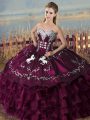 Purple Ball Gowns Satin and Organza Sweetheart Sleeveless Embroidery and Ruffles Floor Length Lace Up Sweet 16 Quinceanera Dress