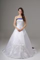 Fantastic White Satin Lace Up Strapless Sleeveless Wedding Dresses Brush Train Beading and Embroidery