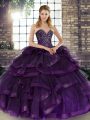 Purple Tulle Lace Up Sweetheart Sleeveless Floor Length Sweet 16 Dress Beading and Ruffles