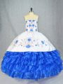 Blue And White Organza Lace Up Ball Gown Prom Dress Sleeveless Asymmetrical Embroidery and Ruffled Layers