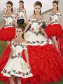 White And Red Lace Up Ball Gown Prom Dress Embroidery and Ruffles Sleeveless Floor Length