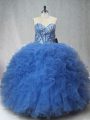 Floor Length Lace Up Quinceanera Gown Blue for Sweet 16 and Quinceanera with Beading and Ruffles