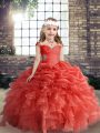 Simple Floor Length Coral Red Girls Pageant Dresses Straps Sleeveless Lace Up
