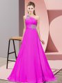 Customized Fuchsia Empire One Shoulder Sleeveless Chiffon Floor Length Lace Up Beading and Ruching Prom Gown