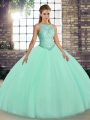Popular Apple Green Ball Gowns Embroidery Sweet 16 Dress Lace Up Tulle Sleeveless Floor Length