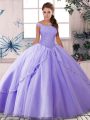 New Style Lace Up Quinceanera Dresses Lavender for Military Ball and Sweet 16 and Quinceanera with Beading Brush Train
