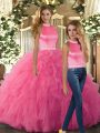 Fitting Hot Pink Halter Top Neckline Beading and Ruffles Sweet 16 Quinceanera Dress Sleeveless Backless