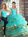 Super Tulle Off The Shoulder Sleeveless Lace Up Beading and Ruffled Layers Ball Gown Prom Dress in Aqua Blue