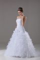 Fantastic Strapless Sleeveless Brush Train Lace Up Bridal Gown White Organza