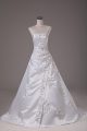 Glittering Satin Sleeveless Wedding Dresses Brush Train and Beading