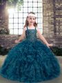 Teal Sleeveless Floor Length Beading and Ruffles Lace Up Glitz Pageant Dress
