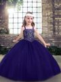 Purple Ball Gowns Beading Kids Pageant Dress Lace Up Tulle Sleeveless Floor Length