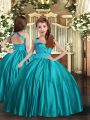 Luxurious Teal Satin Lace Up Little Girl Pageant Gowns Sleeveless Floor Length Ruching