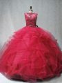 Coral Red Quinceanera Gown Sweet 16 and Quinceanera with Beading and Ruffles Scoop Sleeveless Brush Train Lace Up