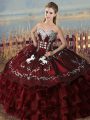 Burgundy Sweetheart Lace Up Embroidery and Ruffles Ball Gown Prom Dress Sleeveless