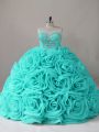 Unique Aqua Blue Fabric With Rolling Flowers Lace Up Sweetheart Sleeveless Sweet 16 Dresses Beading