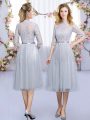 Graceful Tea Length Empire Half Sleeves Grey Bridesmaid Dresses Zipper