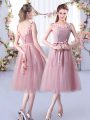 Pink Empire Scoop Sleeveless Tulle Tea Length Lace Up Appliques and Belt Court Dresses for Sweet 16