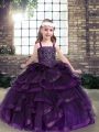 Purple Straps Lace Up Beading and Ruffles Glitz Pageant Dress Sleeveless