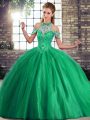Green Tulle Lace Up Halter Top Sleeveless Ball Gown Prom Dress Brush Train Beading