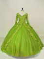 Dramatic Olive Green Ball Gowns Tulle V-neck Long Sleeves Lace and Appliques Side Zipper Quince Ball Gowns