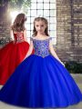 Ball Gowns Kids Pageant Dress Royal Blue Off The Shoulder Tulle Sleeveless Floor Length Lace Up