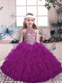 On Sale Sleeveless Floor Length Beading and Ruffles Lace Up Pageant Gowns For Girls with Purple