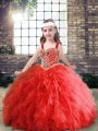 Excellent Floor Length Red Kids Pageant Dress Tulle Sleeveless Beading and Ruffles