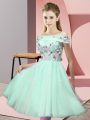 Apple Green Tulle Lace Up Off The Shoulder Short Sleeves Knee Length Vestidos de Damas Appliques