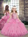 Sleeveless Tulle Floor Length Lace Up Kids Formal Wear in Lilac with Beading and Appliques
