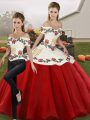 Colorful Organza Off The Shoulder Sleeveless Lace Up Embroidery Sweet 16 Dress in White And Red