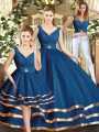 New Arrival Navy Blue Backless V-neck Beading and Ruffled Layers Quinceanera Gowns Tulle Sleeveless