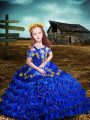 Royal Blue Kids Pageant Dress Wedding Party with Embroidery and Ruffled Layers Off The Shoulder Short Sleeves Lace Up