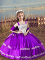 Custom Made Floor Length Purple Pageant Dress for Teens Satin Sleeveless Beading and Embroidery