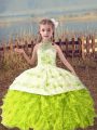 Popular Halter Top Sleeveless Little Girl Pageant Gowns Floor Length Beading and Embroidery and Ruffles Yellow Green Organza
