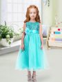 Traditional Aqua Blue Scoop Zipper Sequins and Hand Made Flower Flower Girl Dress Sleeveless