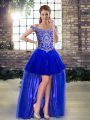 Sumptuous High Low Lace Up Evening Dress Royal Blue for Prom and Party with Beading and Appliques