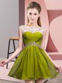 Olive Green Backless Scoop Beading and Ruching Prom Dress Chiffon Sleeveless