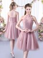 Appliques and Belt Quinceanera Court of Honor Dress Pink Lace Up Sleeveless Knee Length
