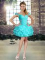 Delicate Aqua Blue Organza Lace Up Prom Gown Sleeveless Mini Length Beading and Ruffles