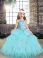Aqua Blue Sleeveless Floor Length Beading and Lace and Appliques Lace Up Kids Formal Wear