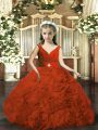 Nice Ball Gowns Girls Pageant Dresses Rust Red V-neck Fabric With Rolling Flowers Sleeveless Floor Length Backless