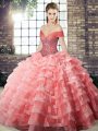 Smart Watermelon Red Off The Shoulder Lace Up Beading and Ruffled Layers Quinceanera Gown Brush Train Sleeveless