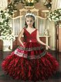 Sweet Beading and Appliques and Ruffles Little Girls Pageant Gowns Red Backless Sleeveless Floor Length