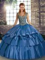 Taffeta Straps Sleeveless Lace Up Beading and Ruffled Layers Quinceanera Dresses in Blue