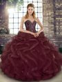 Luxury Burgundy Ball Gowns Tulle Sweetheart Sleeveless Beading and Ruffles Floor Length Lace Up Vestidos de Quinceanera