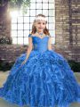 Beading and Ruffles Little Girls Pageant Gowns Blue Lace Up Sleeveless Floor Length